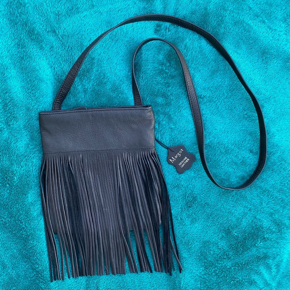 MARGOT Black Leather Crossbody Bag with Leather Tassels